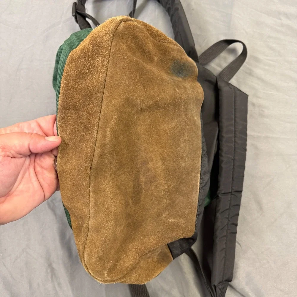 Vintage JanSport Backpack Green Canvas Brown Suede Leather Bottom School Bag